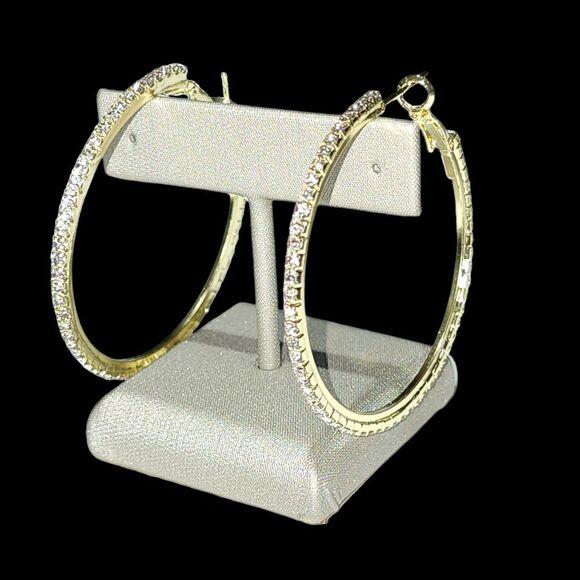 Bohemian Style Gold Plated Round Pave Rhinestone Oversized‎ Hoop Earrings 1.9in - Picture 16 of 16